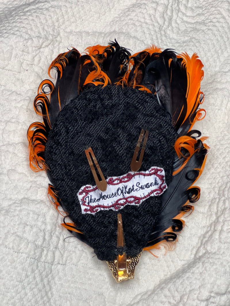 Hair Clip- Spooky Halloween Headpiece! Black & Orange Feathered Barrette by Kat Swank. Ready to Ship. Silver  Rhinestone Skeleton Hand.