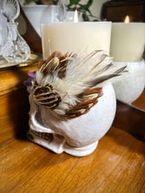 Hair Clip- Spooky Halloween Headpiece! Vintage  Feathers. Barrette by Kat Swank. Ready 2 Ship. Rhinestone Skeleton Hand. Cream, Brown, Gold.