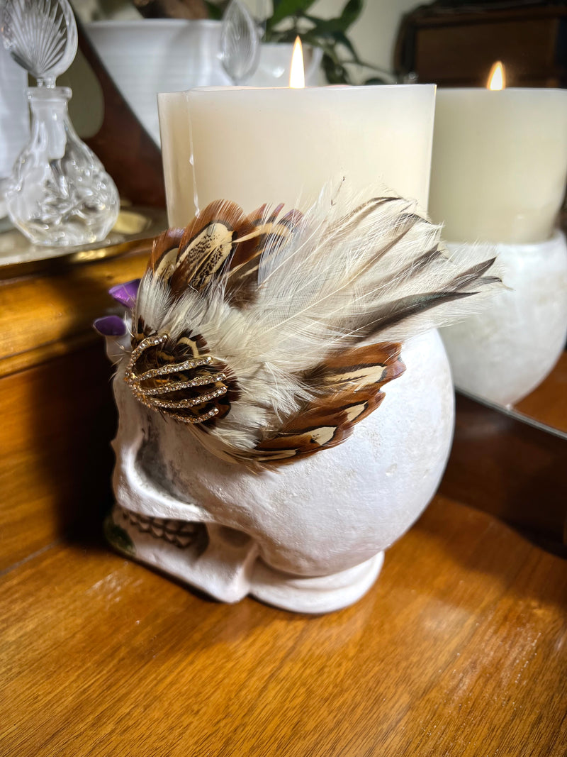 Hair Clip- Spooky Halloween Headpiece! Vintage  Feathers. Barrette by Kat Swank. Ready 2 Ship. Rhinestone Skeleton Hand. Cream, Brown, Gold.