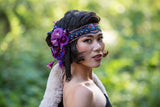 Headband, Headdress. Adjustable Headpiece. Vintage Beading and Florals circa 1920s'. Repurposed Edwardian Jet Beading, by The House of Kat Swank. One of a Kind. Ready to Ship.