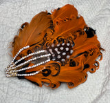 Hair Clip- Spooky Halloween Headpiece! Black & Orange Feathered Barrette by Kat Swank. Ready to Ship. Silver  Rhinestone Skeleton Hand.