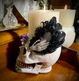 Hair Clip- Spooky Halloween Headpiece! Black Feathered Barrette by Kat Swank. Ready 2 Ship. Silver Rhinestone Skeleton Hand. Other feather colors available (see listings).