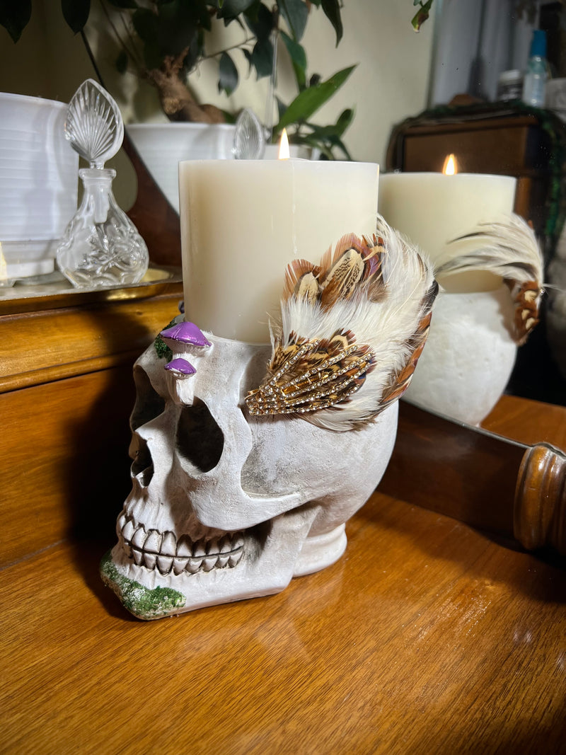 Hair Clip- Spooky Halloween Headpiece! Vintage  Feathers. Barrette by Kat Swank. Ready 2 Ship. Rhinestone Skeleton Hand. Cream, Brown, Gold.