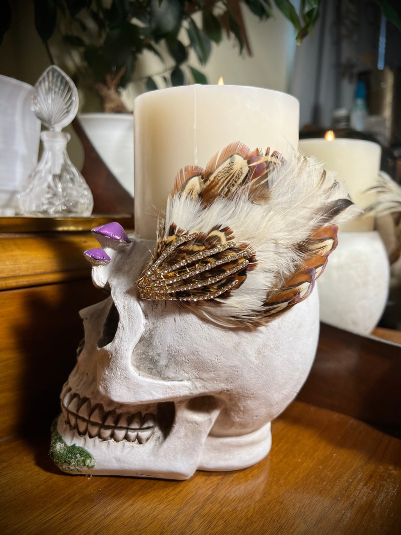 Hair Clip- Spooky Halloween Headpiece! Vintage  Feathers. Barrette by Kat Swank. Ready 2 Ship. Rhinestone Skeleton Hand. Cream, Brown, Gold.