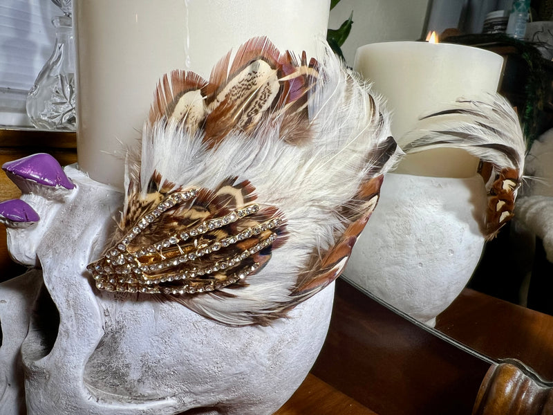 Hair Clip- Spooky Halloween Headpiece! Vintage  Feathers. Barrette by Kat Swank. Ready 2 Ship. Rhinestone Skeleton Hand. Cream, Brown, Gold.