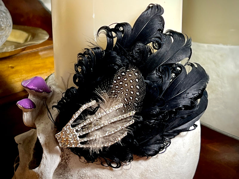 Hair Clip- Spooky Halloween Headpiece! Black Feathered Barrette by Kat Swank. Ready 2 Ship. Silver Rhinestone Skeleton Hand. Other feather colors available (see listings).