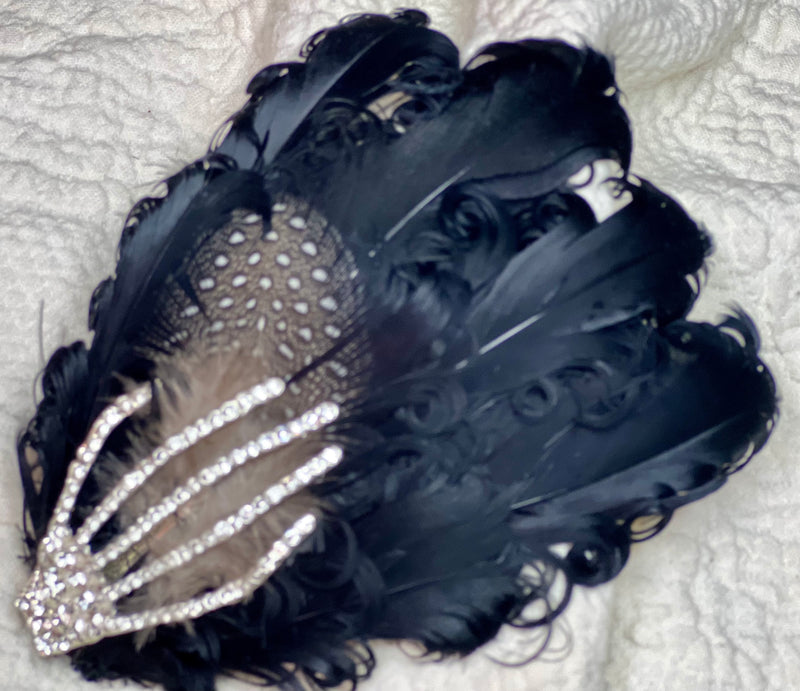 Hair Clip- Spooky Halloween Headpiece! Black Feathered Barrette by Kat Swank. Ready 2 Ship. Silver Rhinestone Skeleton Hand. Other feather colors available (see listings).