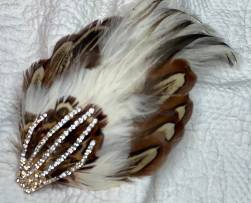 Hair Clip- Spooky Halloween Headpiece! Vintage  Feathers. Barrette by Kat Swank. Ready 2 Ship. Rhinestone Skeleton Hand. Cream, Brown, Gold.