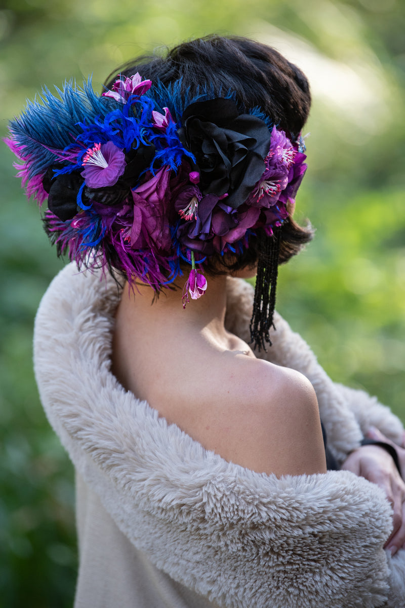 Headband, Headdress. Adjustable Headpiece. Vintage Beading and Florals circa 1920s'. Repurposed Edwardian Jet Beading, by The House of Kat Swank. One of a Kind. Ready to Ship.