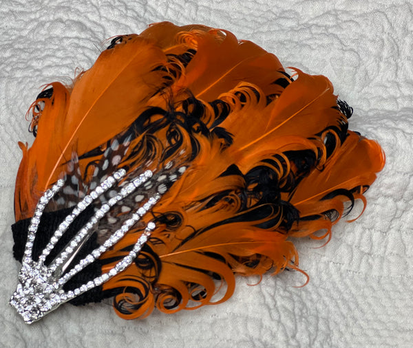 Hair Clip- Spooky Halloween Headpiece! Black & Orange Feathered Barrette by Kat Swank. Ready to Ship. Silver  Rhinestone Skeleton Hand.