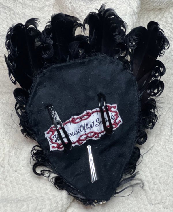 Hair Clip- Spooky Halloween Headpiece! Black Feathered Barrette by Kat Swank. Ready 2 Ship. Silver Rhinestone Skeleton Hand. Other feather colors available (see listings).