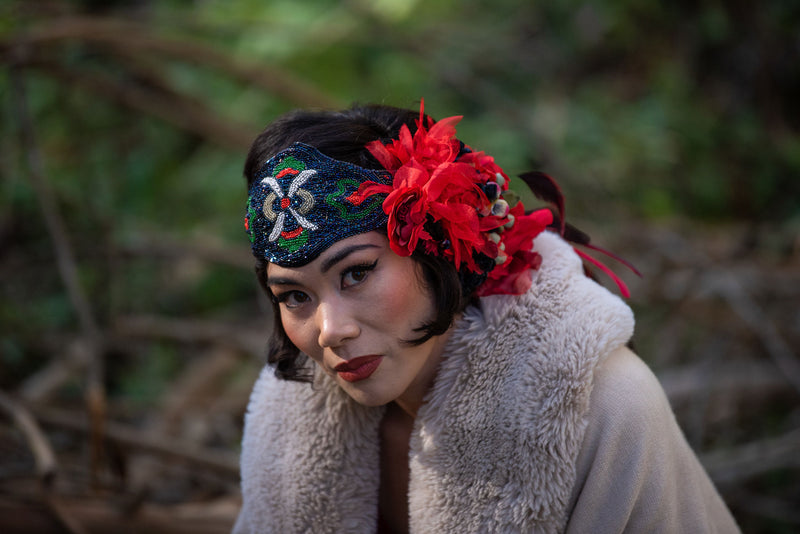 Headband, Headdress. Adjustable. Vintage Beads Circa 1920s. Vintage Florals. RED Headpiece, by The House of Kat Swank. Ready to Ship.