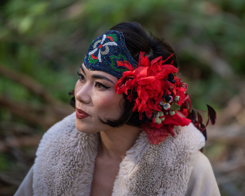 Headband, Headdress. Adjustable. Vintage Beads Circa 1920s. Vintage Florals. RED Headpiece, by The House of Kat Swank. Ready to Ship.