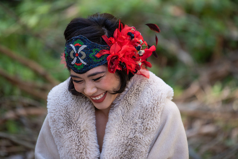 Headband, Headdress. Adjustable. Vintage Beads Circa 1920s. Vintage Florals. RED Headpiece, by The House of Kat Swank. Ready to Ship.