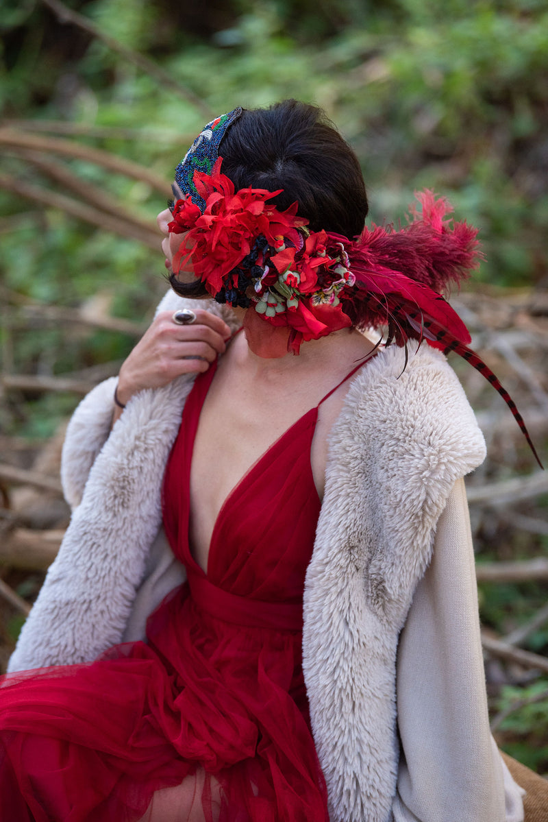 Headband, Headdress. Adjustable. Vintage Beads Circa 1920s. Vintage Florals. RED Headpiece, by The House of Kat Swank. Ready to Ship.