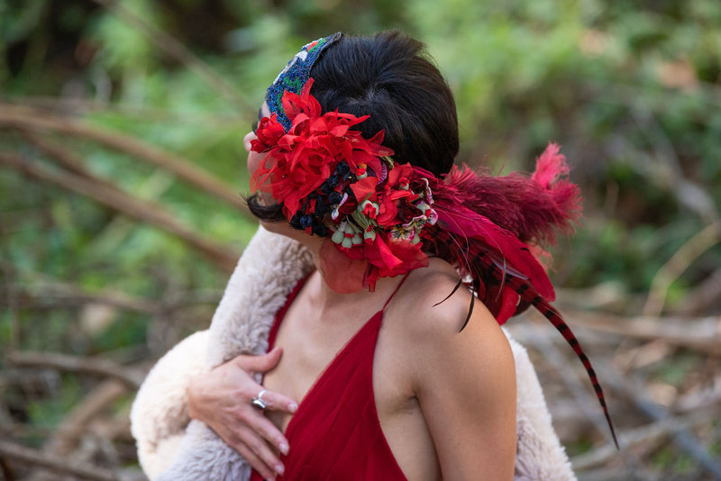 Headband, Headdress. Adjustable. Vintage Beads Circa 1920s. Vintage Florals. RED Headpiece, by The House of Kat Swank. Ready to Ship.