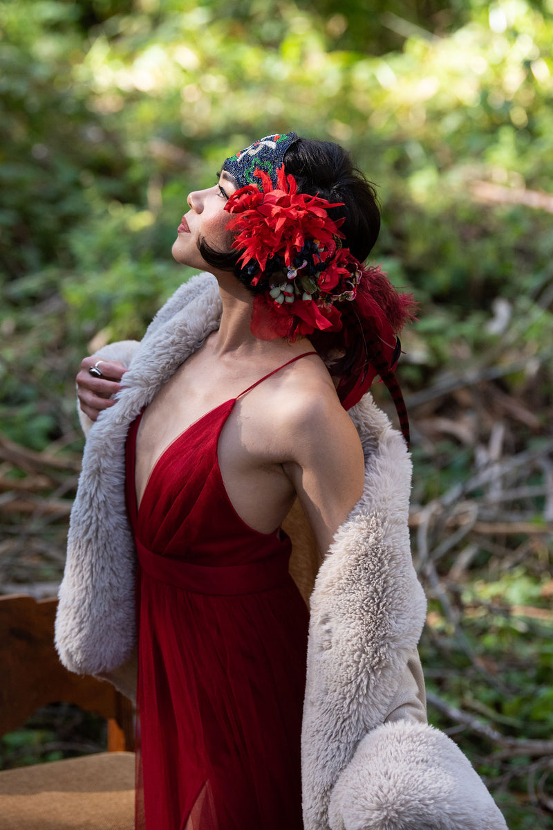 Headband, Headdress. Adjustable. Vintage Beads Circa 1920s. Vintage Florals. RED Headpiece, by The House of Kat Swank. Ready to Ship.