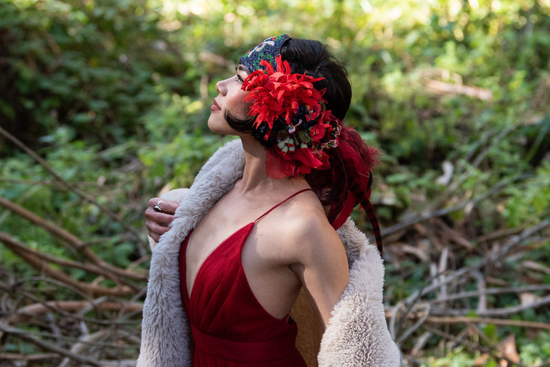 Headband, Headdress. Adjustable. Vintage Beads Circa 1920s. Vintage Florals. RED Headpiece, by The House of Kat Swank. Ready to Ship.