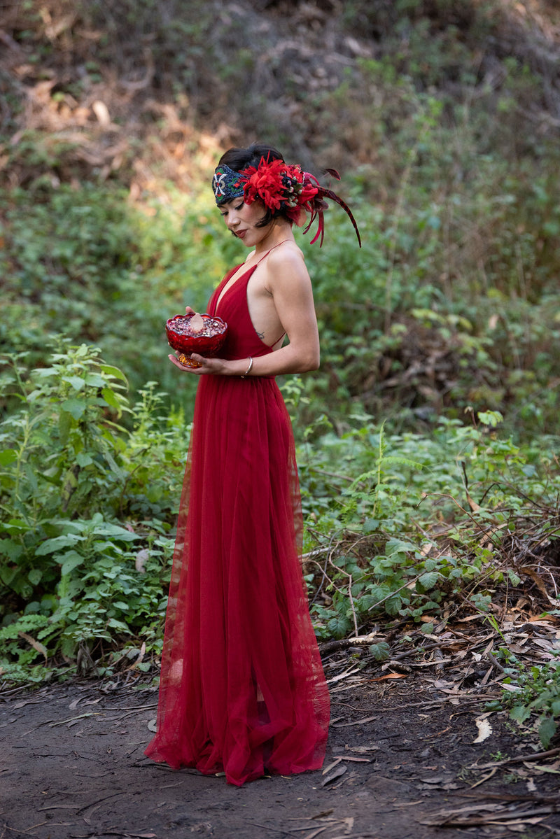 Headband, Headdress. Adjustable. Vintage Beads Circa 1920s. Vintage Florals. RED Headpiece, by The House of Kat Swank. Ready to Ship.