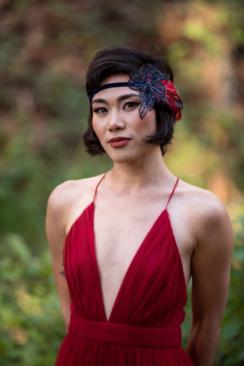 Headband. Adjustable. Navy Blue Velvet, Upcycled Vintage Applique & Feathers. Modern Flapper By The House of Kat Swank. Ready to Ship. One of a Kind.