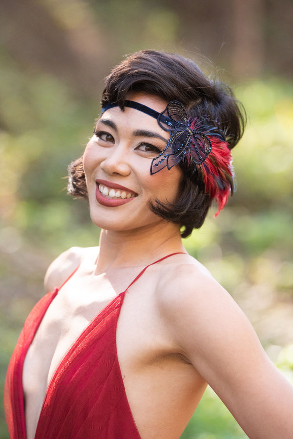 Headband. Adjustable. Navy Blue Velvet, Upcycled Vintage Applique & Feathers. Modern Flapper By The House of Kat Swank. Ready to Ship. One of a Kind.