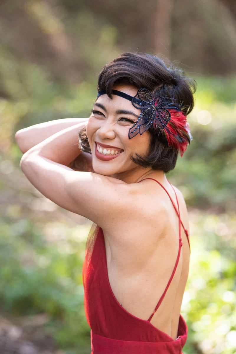 Headband. Adjustable. Navy Blue Velvet, Upcycled Vintage Applique & Feathers. Modern Flapper By The House of Kat Swank. Ready to Ship. One of a Kind.