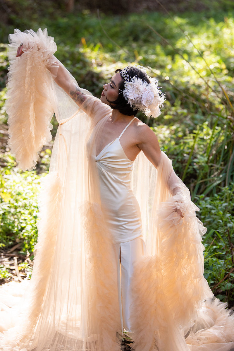 Headband, Headdress, Adjustable Bridal Headpiece. Off-White Vintage Florals, Champagne Ostrich Feathers, Silver Star Tiara. STAR  by The House of Kat Swank One of a KindReady to Ship.