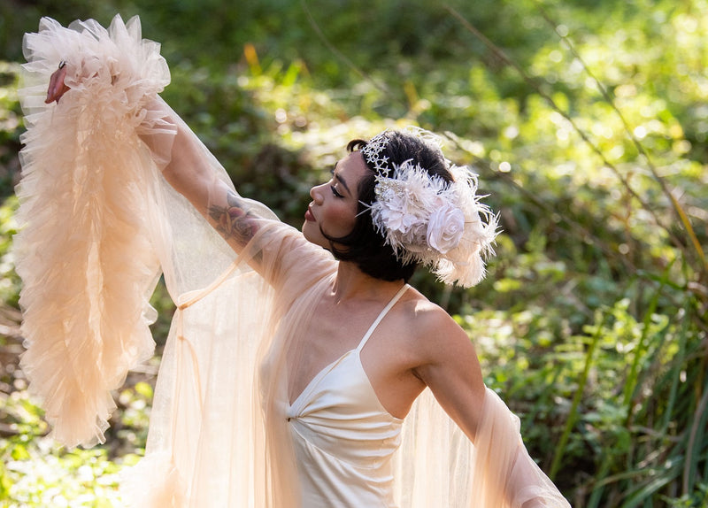 Headband, Headdress, Adjustable Bridal Headpiece. Off-White Vintage Florals, Champagne Ostrich Feathers, Silver Star Tiara. STAR  by The House of Kat Swank One of a KindReady to Ship.