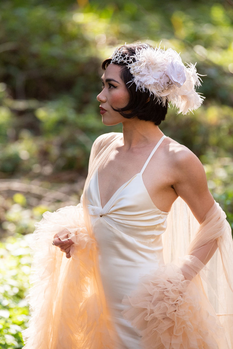 Headband, Headdress, Adjustable Bridal Headpiece. Off-White Vintage Florals, Champagne Ostrich Feathers, Silver Star Tiara. STAR  by The House of Kat Swank One of a KindReady to Ship.