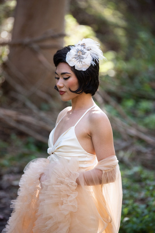 Hair Clip, Bridal Headpiece, Fascinator. Partridge, Ostrich, & Vintage Pansies Barrette, by The House of Kat Swank. Ready to Ship. One of a Kind.