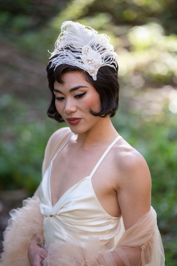 Hair Clip, Fascinator, Bridal Headpiece. Ivory Ostrich Feather with Vintage Jewels by The House of Kat Swank. Ready to Ship.