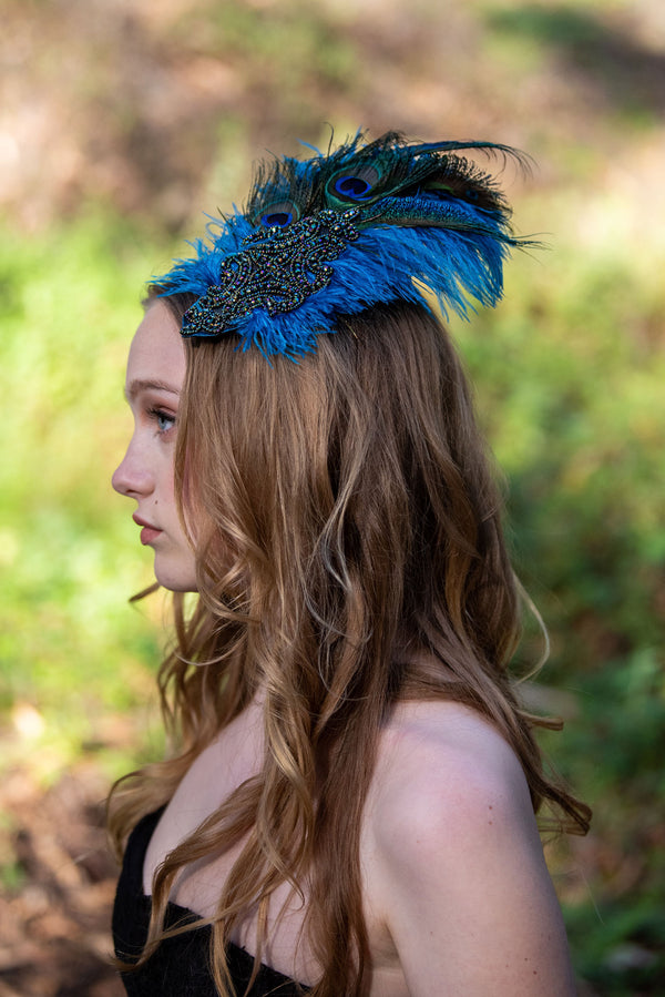 Hair Clip- Turquoise Blue & Green. Don’t Be Shy Little Peacock! By The House of Kat Swank. Ready to Ship. One of a Kind. Boho Flapper.