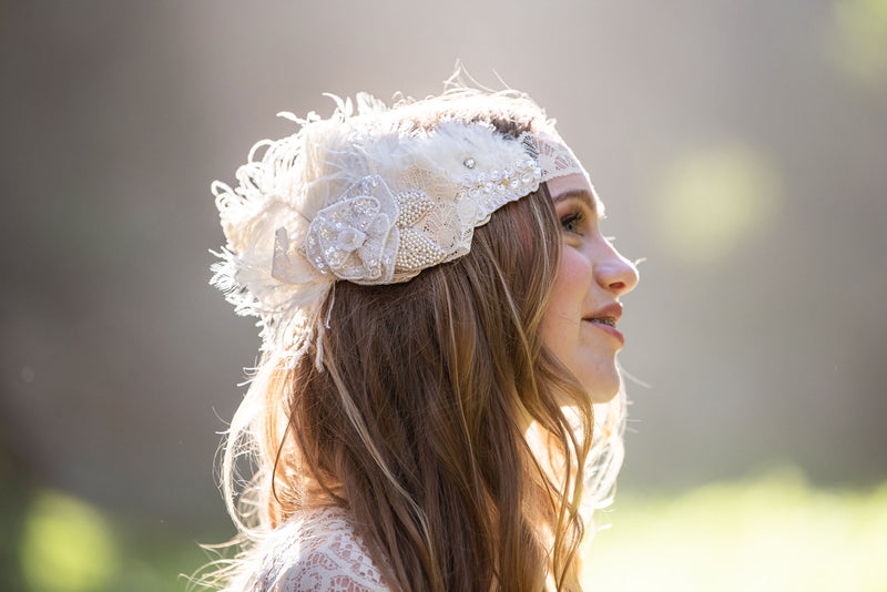 Headband, Headdress. Lovely Vintage Lace & Bow Adjustable Bridal Headpiece by The House of Kat Swank. Ready to Ship. One of a Kind. Boho. Bohemian Bride.