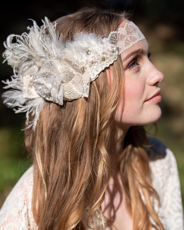 Headband, Headdress. Lovely Vintage Lace & Bow Adjustable Bridal Headpiece by The House of Kat Swank. Ready to Ship. One of a Kind. Boho. Bohemian Bride.