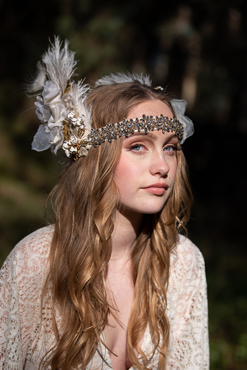 Headband, Headdress, Adjustable Bridal Headpiece. Vintage Materials, Ivory, White, & Gold Headpiece by The House of Kat Swank. Ready to Ship. One of a Kind.