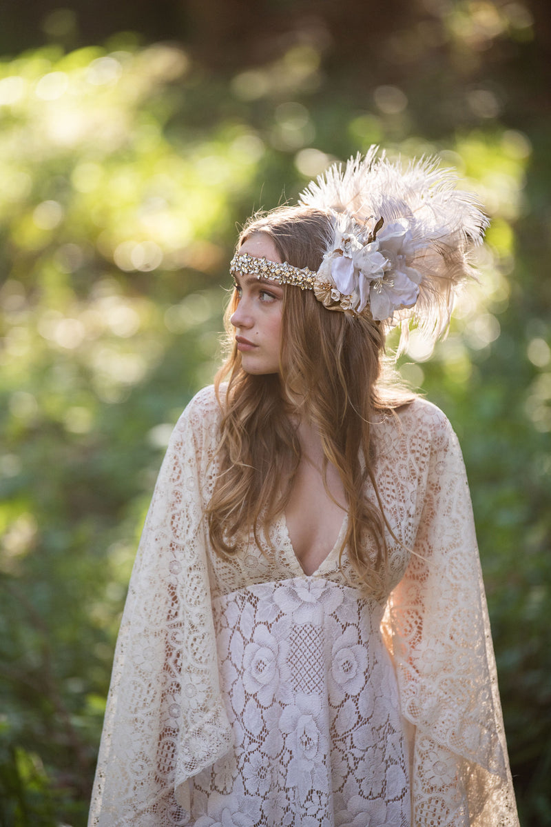 Headband, Headdress, Adjustable Bridal Headpiece. Vintage Materials, Ivory, White, & Gold Headpiece by The House of Kat Swank. Ready to Ship. One of a Kind.