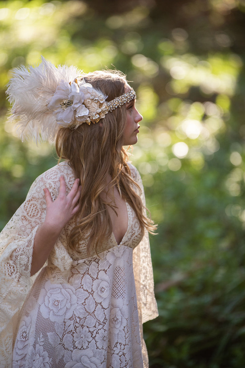 Headband, Headdress, Adjustable Bridal Headpiece. Vintage Materials, Ivory, White, & Gold Headpiece by The House of Kat Swank. Ready to Ship. One of a Kind.