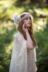 Headband, Headdress, Adjustable Bridal Headpiece. Vintage Materials, Ivory, White, & Gold Headpiece by The House of Kat Swank. Ready to Ship. One of a Kind.