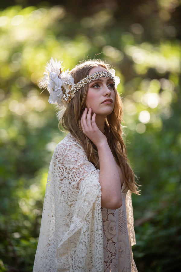 Headband, Headdress, Adjustable Bridal Headpiece. Vintage Materials, Ivory, White, & Gold Headpiece by The House of Kat Swank. Ready to Ship. One of a Kind.