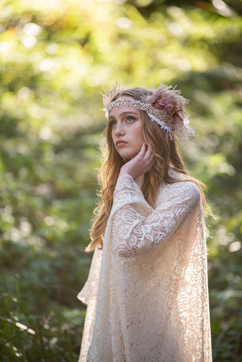 Headband, Headdress. Adjustable Bridal Headpiece. Rose, Ivory, Antique Gold, & Rose Gold by The House of Kat Swank. Ready to Ship. One of a Kind.