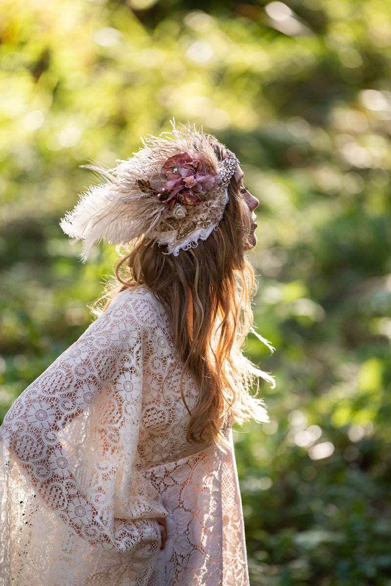 Headband, Headdress. Adjustable Bridal Headpiece. Rose, Ivory, Antique Gold, & Rose Gold by The House of Kat Swank. Ready to Ship. One of a Kind.