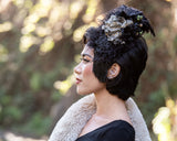 Hair Clip. Luxurious Black Ostrich Feather, Antique Gold Vintage Florals, Edwardian Jet Black Beading, Fascinator by The House of Kat Swank. Ready to ship