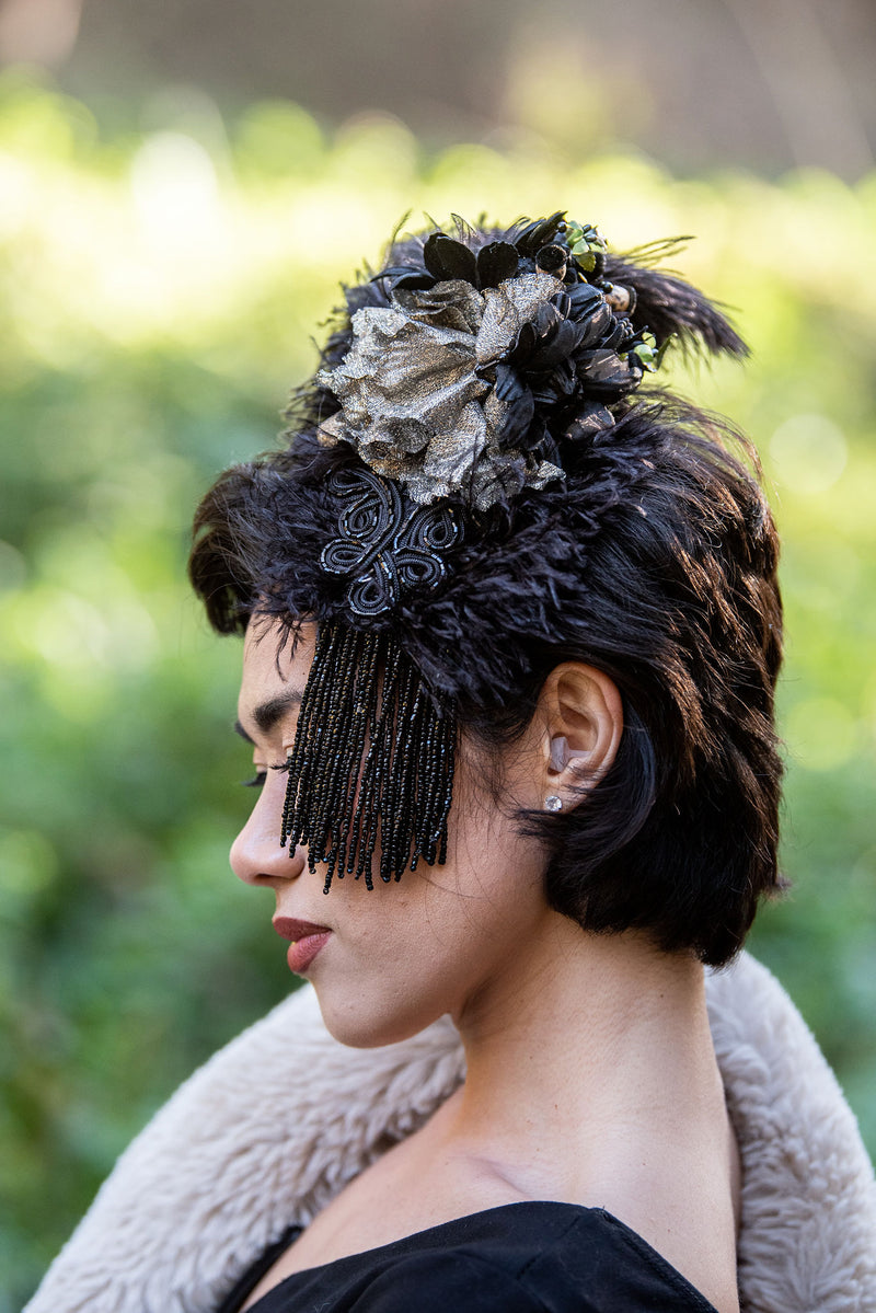 Hair Clip. Luxurious Black Ostrich Feather, Antique Gold Vintage Florals, Edwardian Jet Black Beading, Fascinator by The House of Kat Swank. Ready to ship