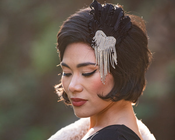 Hair Clip, Fascinator. Black, & Silver. The Bleeding Heart Headpiece by The House of Kat Swank. Ready to Ship.