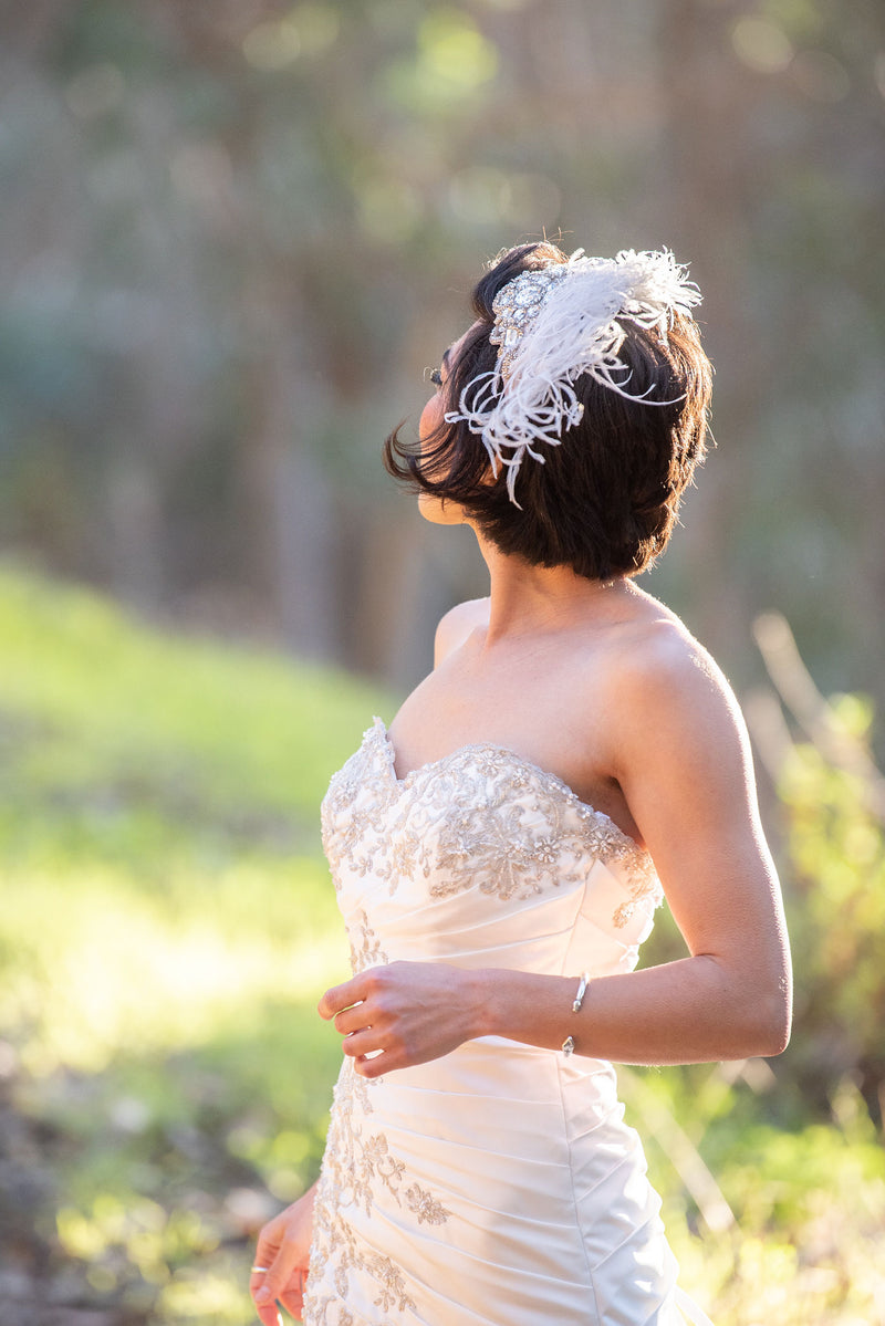 Headband. Bridal Headpiece. White & Silver. Vintage Beading & Ostrich Feathers, by The House of Kat Swank. Ready to Ship.