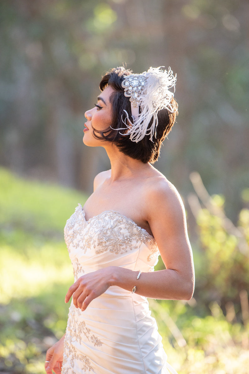 Headband. Bridal Headpiece. White & Silver. Vintage Beading & Ostrich Feathers, by The House of Kat Swank. Ready to Ship.