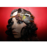 Headband. Adjustable. Custom. Made to Order. Vintage Brown Velvet, Repurposed Upcycled Applique, and Boho Feathers. The House of Kat Swank. One of a Kind.