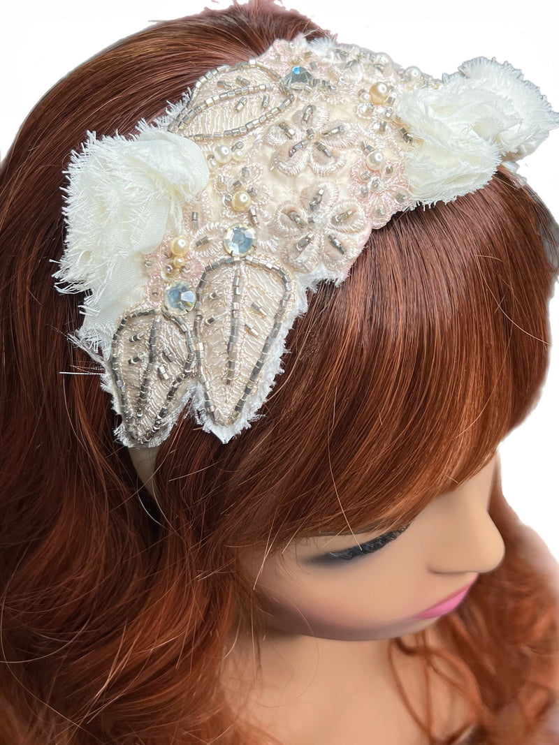 Headband. Bridal Headpiece. Ivory, Cream, Off-White & Blush, Vintage Materials, by The House of Kat Swank. One of a Kind. Ready to Ship.