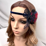 Headband. Adjustable. Navy Blue Velvet, Upcycled Vintage Applique & Feathers. Modern Flapper By The House of Kat Swank. Ready to Ship. One of a Kind.