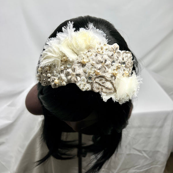 Headband. Bridal Headpiece. White & Cream. Vintage Beading. Handmade, by The House of Kat Swank. One of a Kind. Ready to Ship.